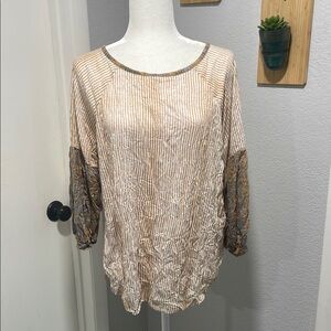 Carine Brown & Cream Stripe with Floral Bubble Sleeve Blouse Size Medium